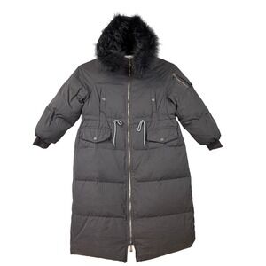 MONEY DORA COLLECTION Women's Puffer Coat Hooded Faux Fur‎ Trim Long Grey Size S